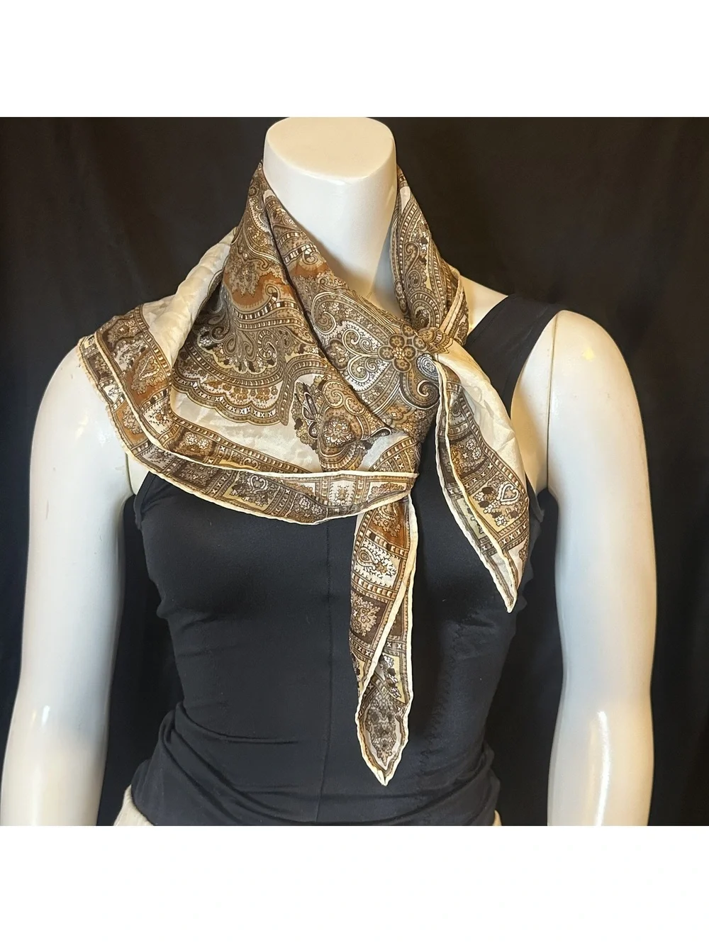 Vintage Square Mandala Pattern Silky Scarf in Cream and Brown
